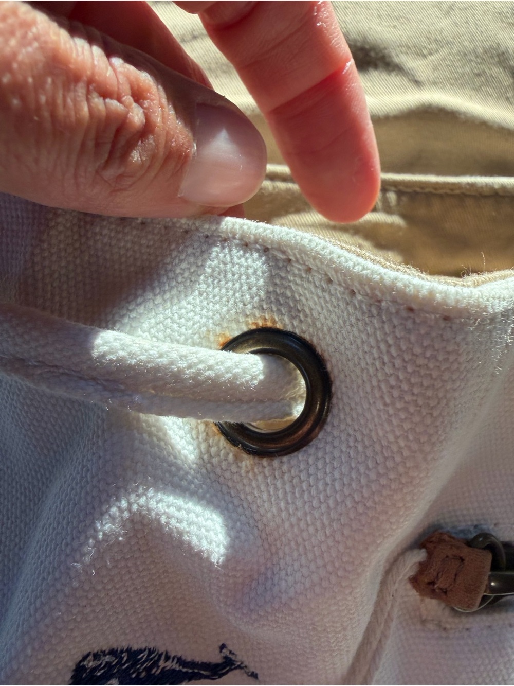 LL Bean Vintage Whale-Print Backpack with Leather Flap - Cream and Tan - Picture 7 of 10